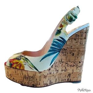 CHRISTIAN LOUBOUTIN Hawaii Crackled Calf Peep Toe Floral Wedge Heels Sz 37